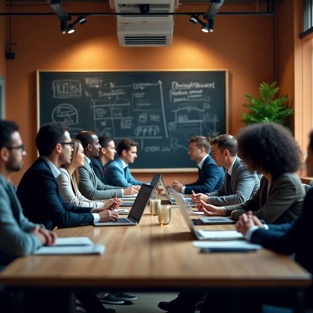 Consultores trabajando juntos en oficina, historia